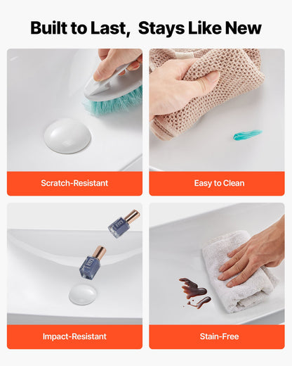 Halvt infällt handfat, 490 x 305 mm rektangulärt vitt keramiskt handfat med 45 mm avloppshål, nedsänkbart modernt toalettställ med badkarsfat, rektangulärt för badrum med litet utrymme