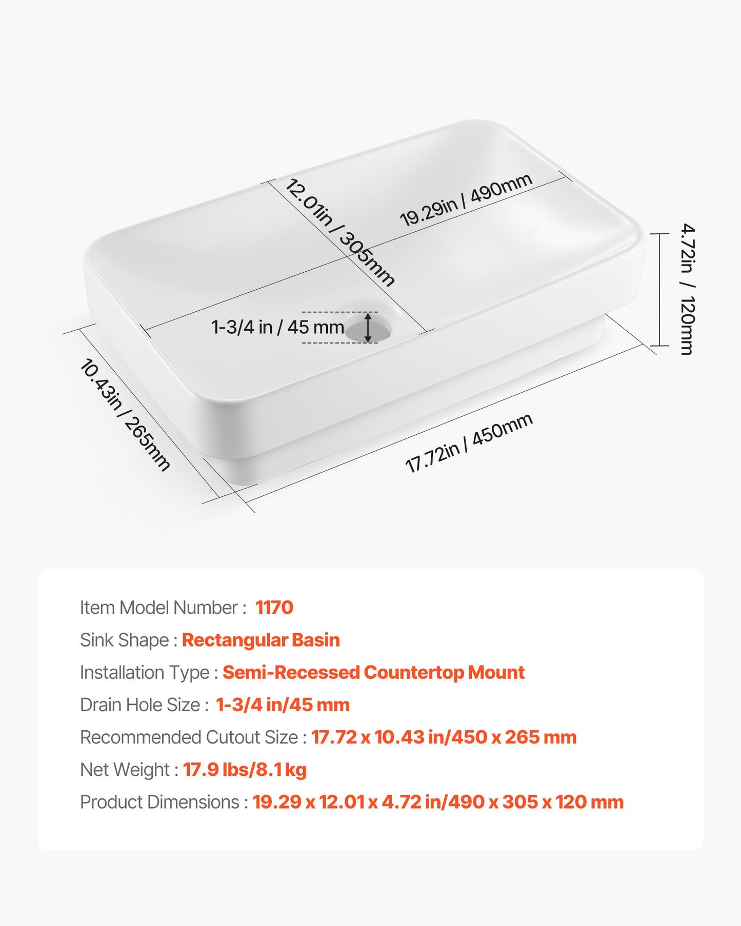 Halvt infällt handfat, 490 x 305 mm rektangulärt vitt keramiskt handfat med 45 mm avloppshål, nedsänkbart modernt toalettställ med badkarsfat, rektangulärt för badrum med litet utrymme