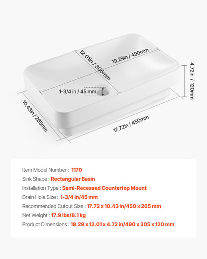 Halvt infällt handfat, 490 x 305 mm rektangulärt vitt keramiskt handfat med 45 mm avloppshål, nedsänkbart modernt toalettställ med badkarsfat, rektangulärt för badrum med litet utrymme