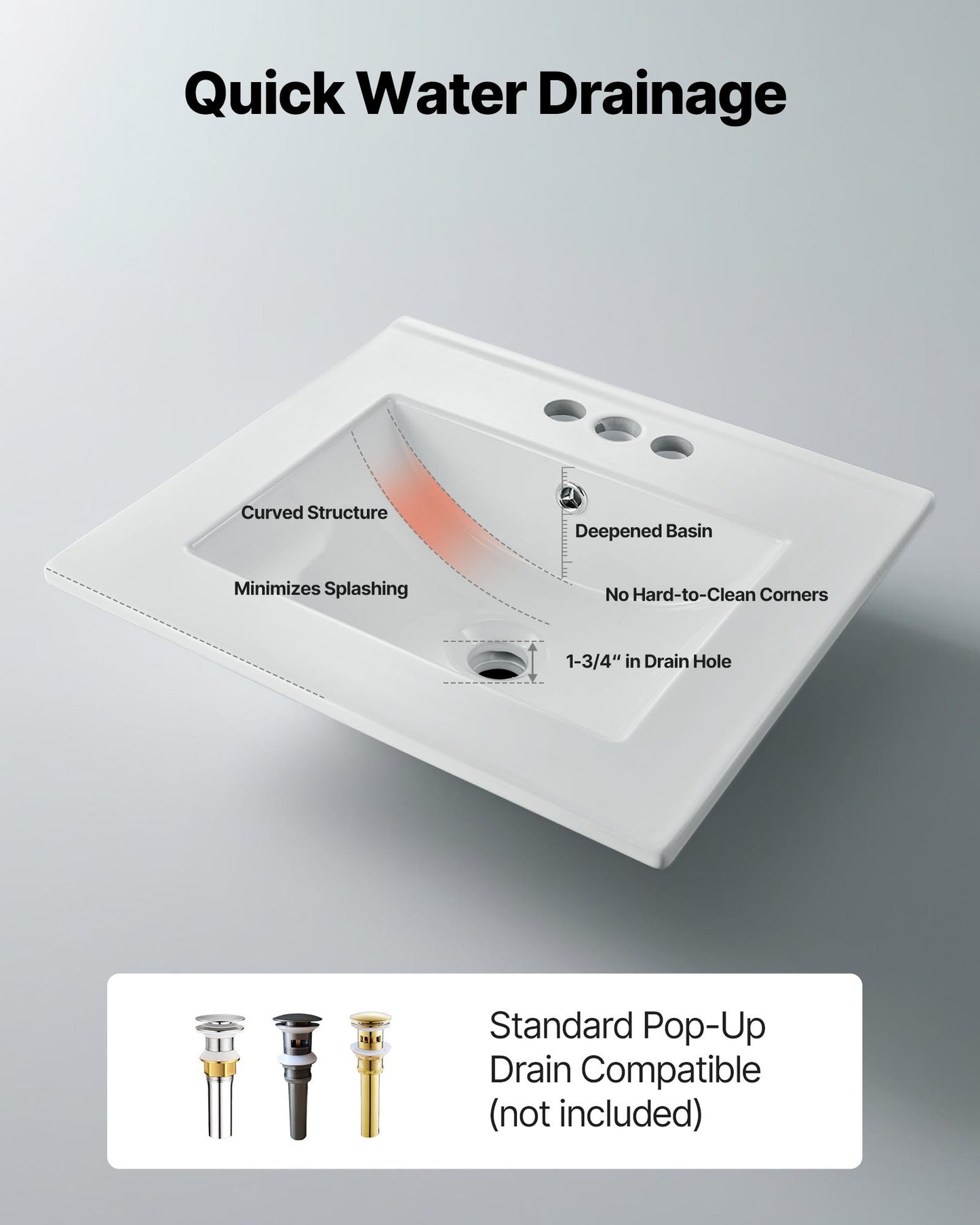 Halvt infällt handfat, 510 x 465 mm rektangulärt vitt keramiskt handfat med bräddavlopp och 3 kranhål, nedsänkbart modernt toalettbord, badkar, tvättställ, rektangulärt för små utrymmen