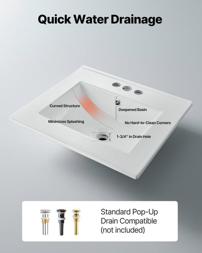 Halvt infällt handfat, 510 x 465 mm rektangulärt vitt keramiskt handfat med bräddavlopp och 3 kranhål, nedsänkbart modernt toalettbord, badkar, tvättställ, rektangulärt för små utrymmen