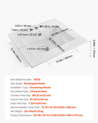 Halvt infällt handfat, 510 x 465 mm rektangulärt vitt keramiskt handfat med bräddavlopp och 3 kranhål, nedsänkbart modernt toalettbord, badkar, tvättställ, rektangulärt för små utrymmen