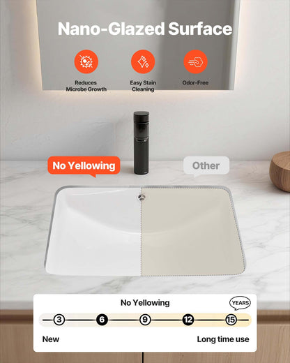 Undermonterat handfat, 530 x 375 mm rektangulärt vitt keramikhandfat med överfyllning, nedsänkbart under bänkskiva, modernt toalettställ/badkar, rektangulärt för små utrymmen