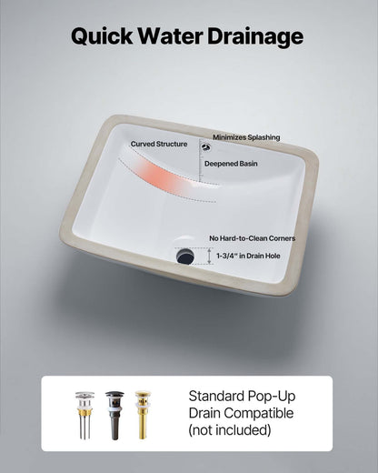 Undermonterat handfat, 530 x 375 mm rektangulärt vitt keramikhandfat med överfyllning, nedsänkbart under bänkskiva, modernt toalettställ/badkar, rektangulärt för små utrymmen