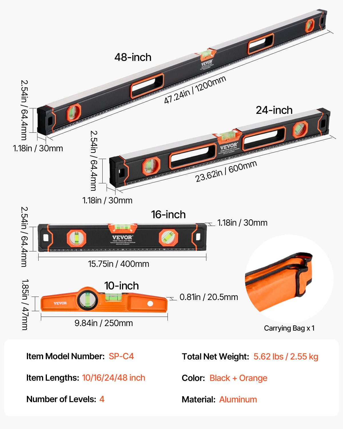 4-delat torpedvattenpass, 48/24/16/10 tums magnetiska vattenpass-set, fluorescerande ljusbubbelampuller med linjal för 45/90/180 grader, magnetisk vattenpassverktyg i aluminiumlegering, SAE- och metrisk skala