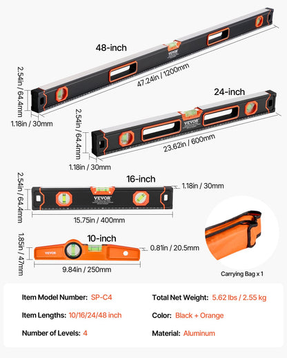 4-delat torpedvattenpass, 48/24/16/10 tums magnetiska vattenpass-set, fluorescerande ljusbubbelampuller med linjal för 45/90/180 grader, magnetisk vattenpassverktyg i aluminiumlegering, SAE- och metrisk skala