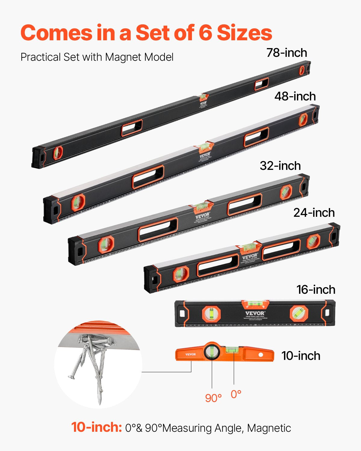 6-delat torpedvattenpass, 78/48/32/24/16/10 tums lådvattenpass, bubbelampuller för 45/90/180 grader, stöttålig magnetisk vattenpassare i aluminiumlegering, SAE/metrisk skala (endast 10 tum har magnet)