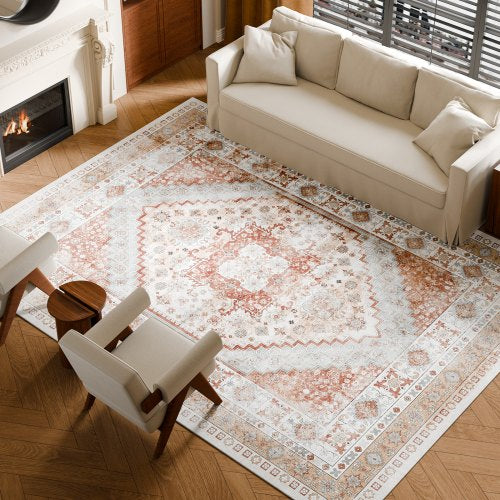 Area Rug, 9 x 12 ft Large Washable Rug, Non-Slip and Tear-Resistant Soft Carpet, Pet & Child Friendly Vintage Area Rugs, Indoor Mat for Bedroom, Living Room, Kids Room, Office, Brown Red