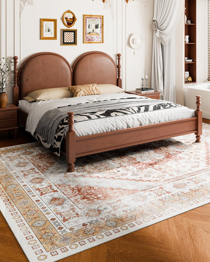 Matta, 2,4 x 3,6 m stor tvättbar matta, halkfri och rivtålig mjuk heltäckningsmatta, husdjurs- och barnvänliga vintagemattor, inomhusmatta för sovrum, vardagsrum, barnrum, kontor, brunröd