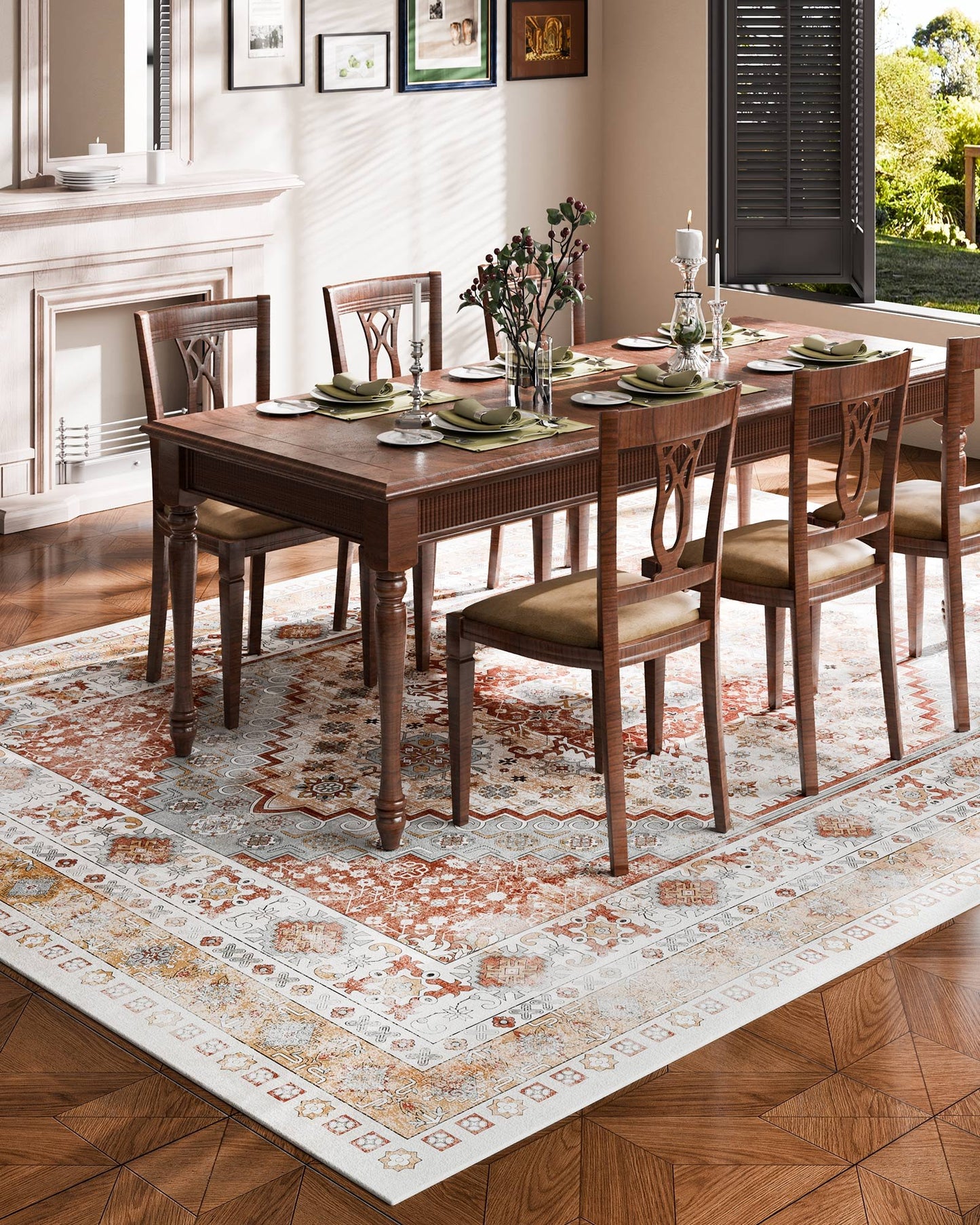 Matta, 2,4 x 3,6 m stor tvättbar matta, halkfri och rivtålig mjuk heltäckningsmatta, husdjurs- och barnvänliga vintagemattor, inomhusmatta för sovrum, vardagsrum, barnrum, kontor, brunröd