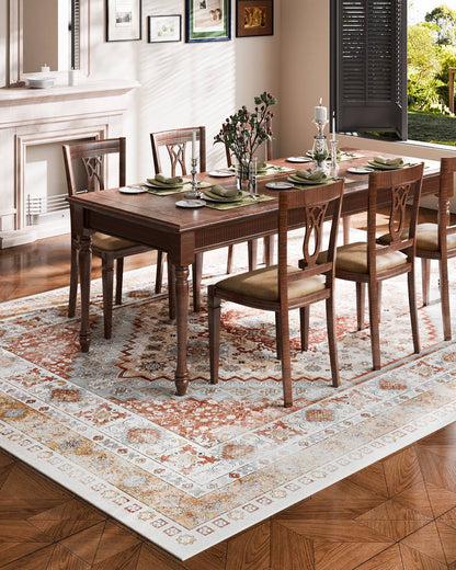 Matta, 2,4 x 3,6 m stor tvättbar matta, halkfri och rivtålig mjuk heltäckningsmatta, husdjurs- och barnvänliga vintagemattor, inomhusmatta för sovrum, vardagsrum, barnrum, kontor, brunröd