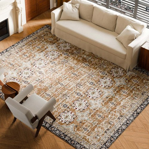 Area Rug, 9 x 12 ft Large Washable Rug, Non-Slip and Tear-Resistant Soft Carpet, Pet & Child Friendly Vintage Area Rugs, Indoor Mat for Bedroom, Living Room, Kids Room, Office, Brown Green