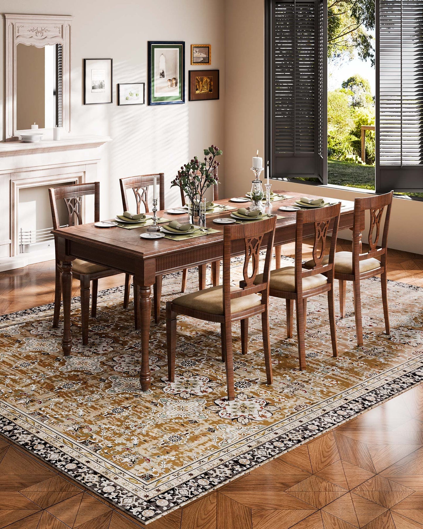 Matta, 2,4 x 3,6 m stor tvättbar matta, halkfri och rivtålig mjuk heltäckningsmatta, husdjurs- och barnvänliga vintagemattor, inomhusmatta för sovrum, vardagsrum, barnrum, kontor, brungrön