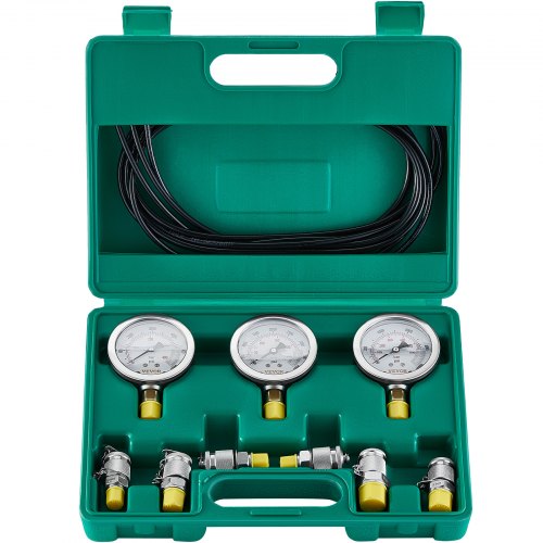 Hydraulic Pressure Test Kit, 250/400/600bar, 3 Gauges 6 Test Couplings 3 Test Hoses, Excavator Hydraulic Test Gauge Set with Portable Carrying Case for Excavator Tractors Construction Machinery