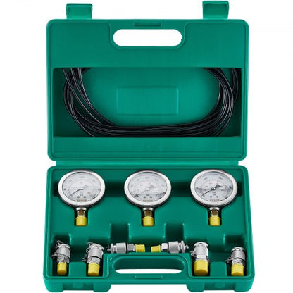 Hydraulic Pressure Test Kit, 250/400/600bar, 3 Gauges 6 Test Couplings 3 Test Hoses, Excavator Hydraulic Test Gauge Set with Portable Carrying Case for Excavator Tractors Construction Machinery
