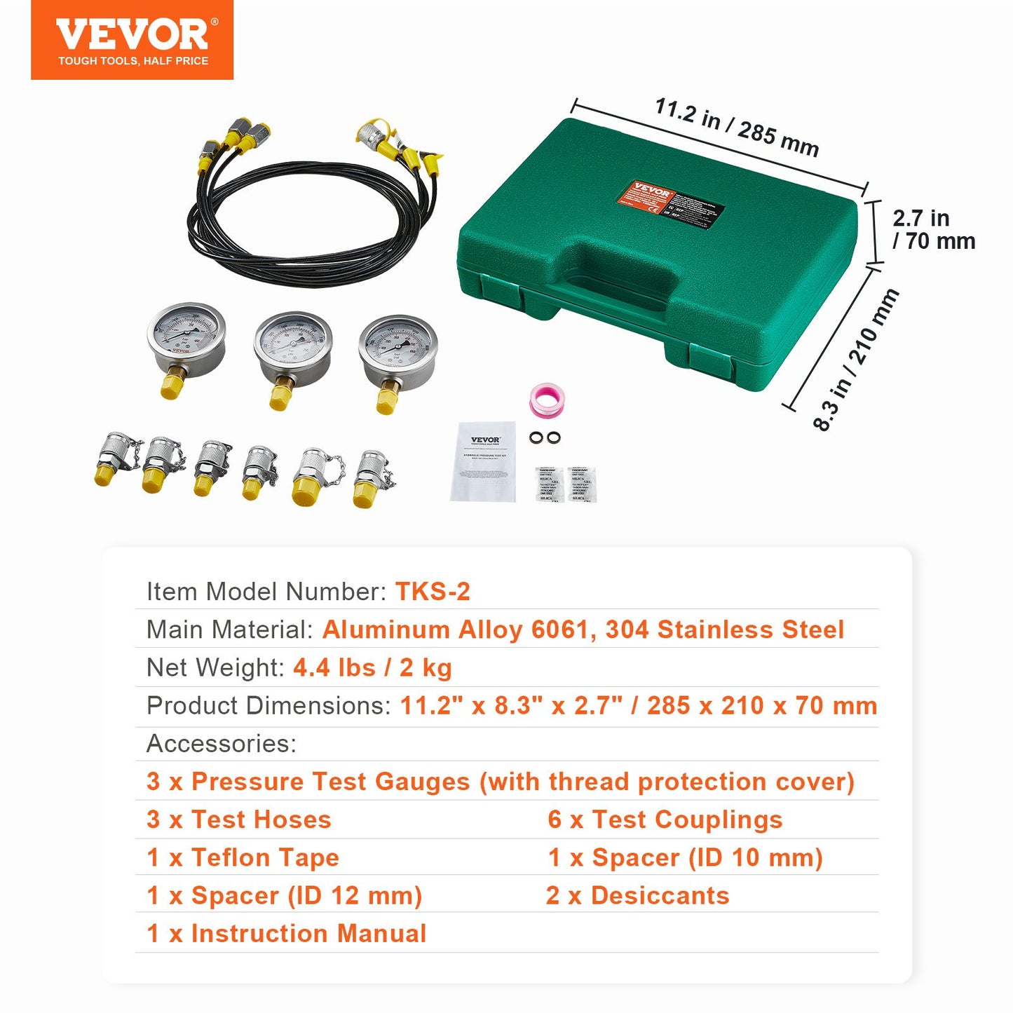 Hydraulic Pressure Test Kit, 250/400/600bar, 3 Gauges 6 Test Couplings 3 Test Hoses, Excavator Hydraulic Test Gauge Set with Portable Carrying Case for Excavator Tractors Construction Machinery