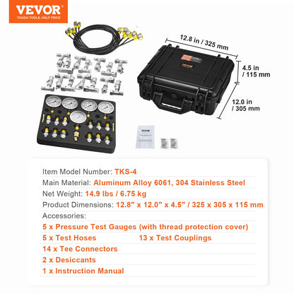 Hydraulic Pressure Test Kit, 10/100/250/400/600bar, 5 Gauges 13 Couplings 14 Tee Connectors 5 Test Hoses, Excavator Hydraulic Test Gauge Set with Carrying Case for Excavator Tractors Machinery