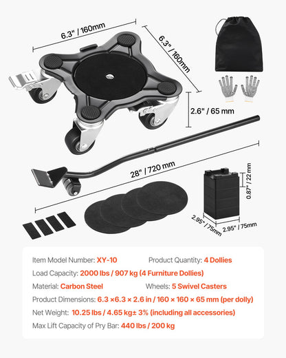 Möbelvagn, maxlast 1200 lbs, kraftiga möbelflyttare med 5 360° roterande hjul, kolstålspanel, verktygssats för möbellyft för vitvaror, soffa, kylskåp, tvättmaskin