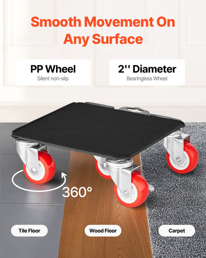 Möbelvagn, maxlast 1474 kg, kraftiga möbelflyttare med 5 360° roterande hjul, panel i kolstål, verktygssats för möbellyft för vitvaror, soffa, kylskåp, tvättmaskin