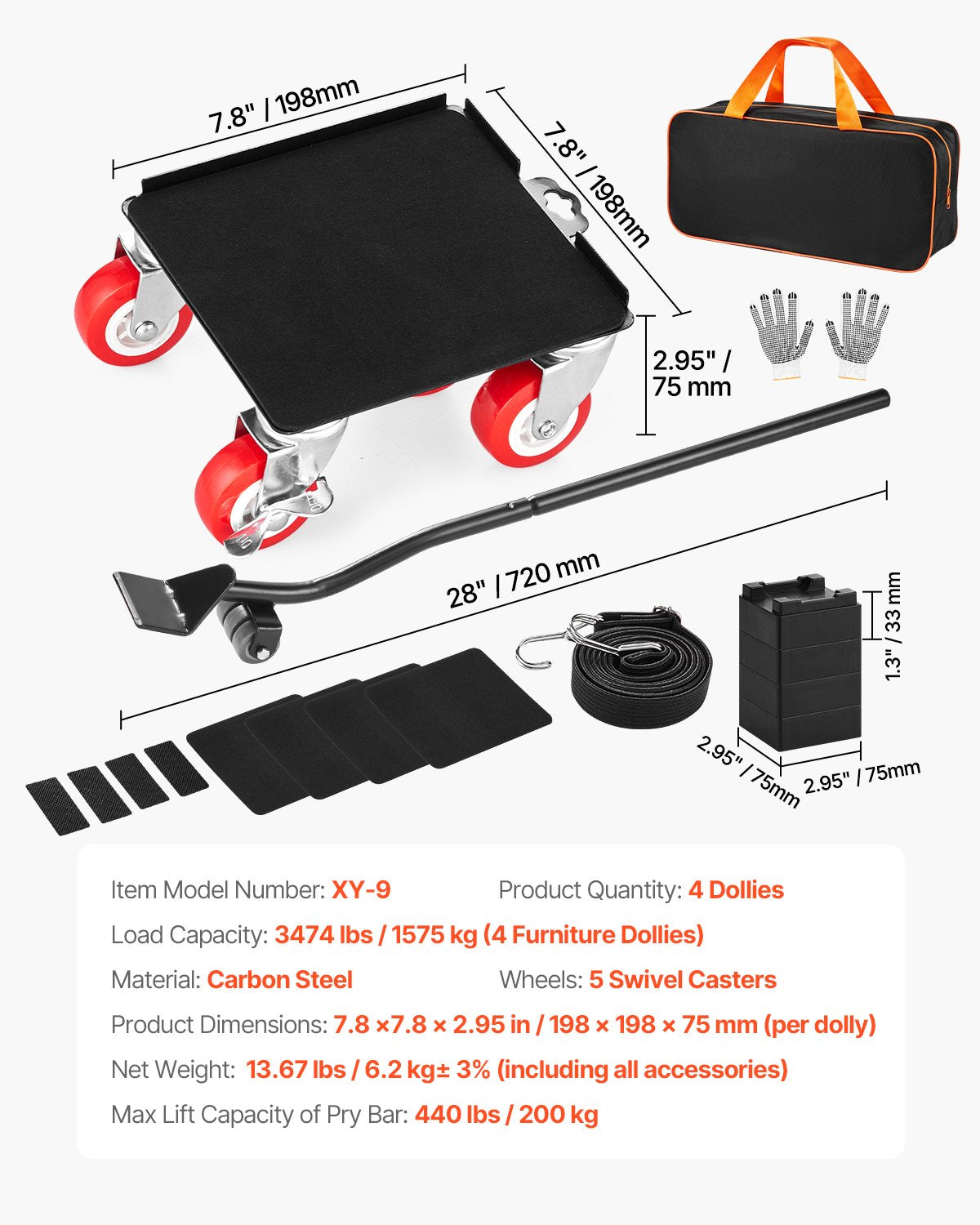 Möbelvagn, maxlast 1474 kg, kraftiga möbelflyttare med 5 360° roterande hjul, panel i kolstål, verktygssats för möbellyft för vitvaror, soffa, kylskåp, tvättmaskin