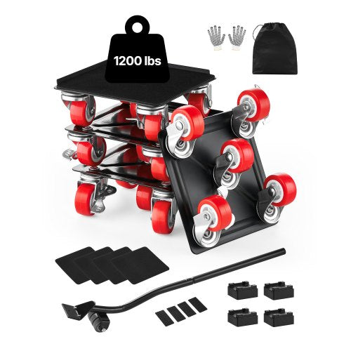 Möbelvagn, maxlast 1200 lbs, kraftiga möbelflyttare med 5 360° roterande hjul, kolstålspanel, verktygssats för möbellyft för vitvaror, soffa, kylskåp, tvättmaskin