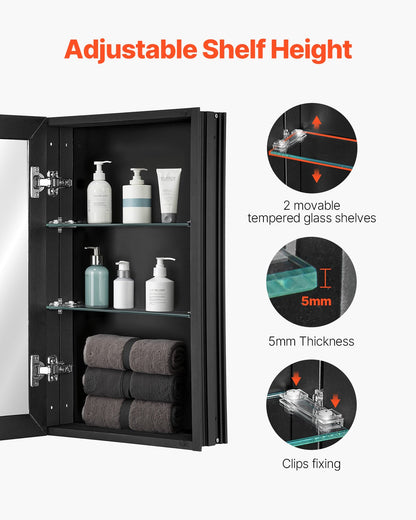 Medicine Cabinet, 14 x 24 inches, Medicine Cabinet for Bathroom with Mirror, Aluminum Frame Bathroom Wall Cabinet, 2-layer Adjustable Shelves, Recessed & Wall-mounted Installation