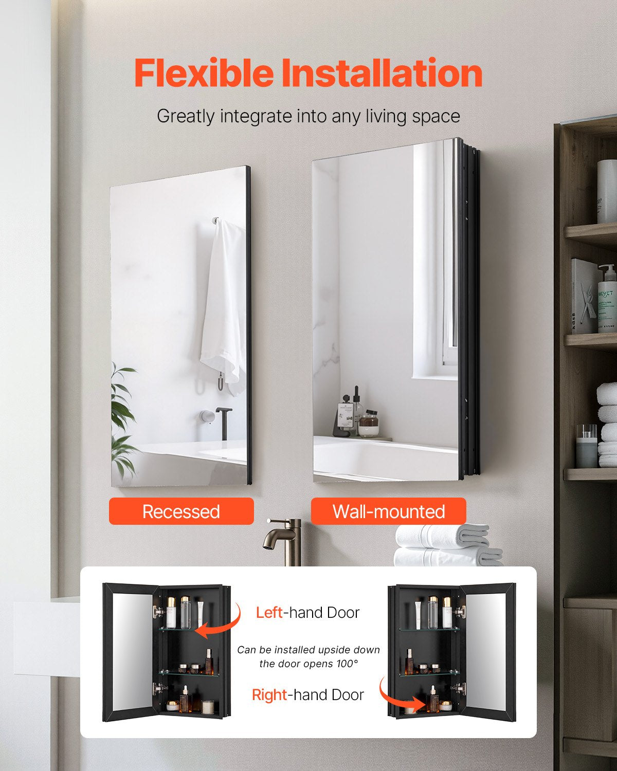 Medicine Cabinet, 14 x 24 inches, Medicine Cabinet for Bathroom with Mirror, Aluminum Frame Bathroom Wall Cabinet, 2-layer Adjustable Shelves, Recessed & Wall-mounted Installation