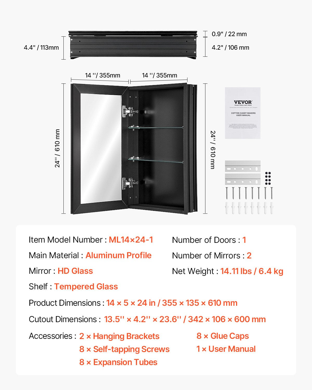 Medicine Cabinet, 14 x 24 inches, Medicine Cabinet for Bathroom with Mirror, Aluminum Frame Bathroom Wall Cabinet, 2-layer Adjustable Shelves, Recessed & Wall-mounted Installation