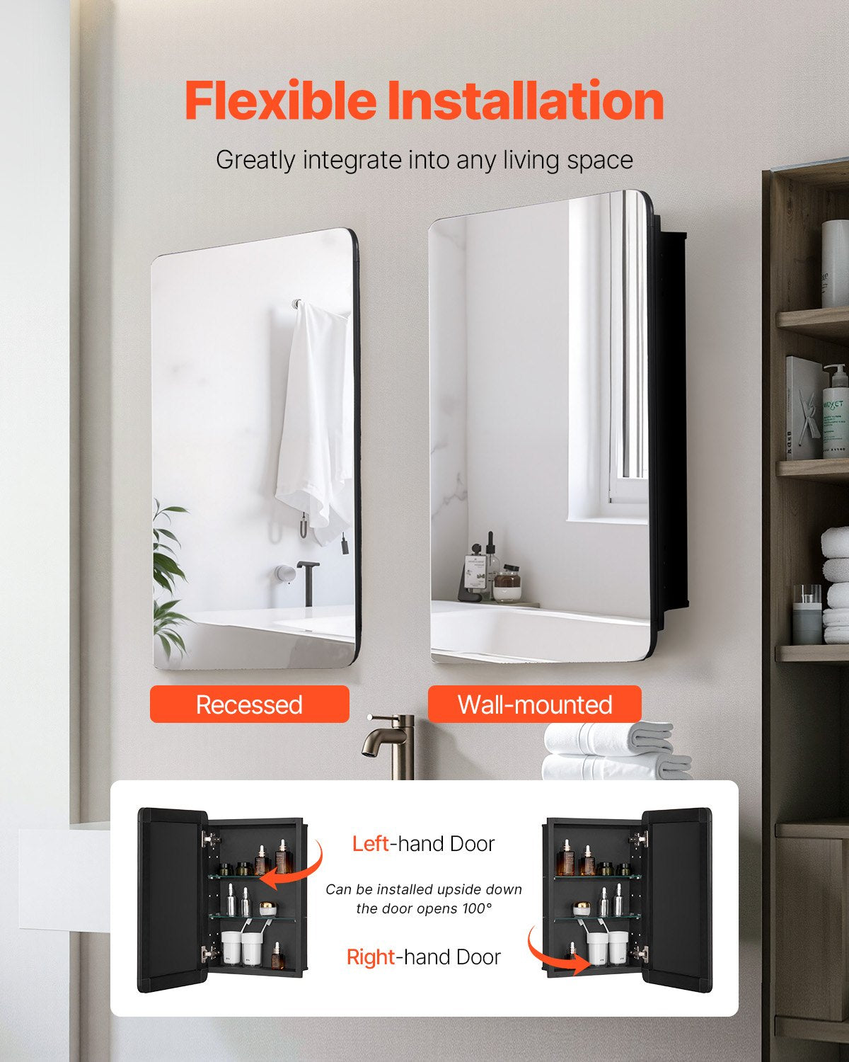 Medicine Cabinet, 16 x 24 inch, Medicine Cabinet for Bathroom with Mirror, Aluminum Frame Bathroom Wall Cabinet, 2-layer Adjustable Shelves, Recessed & Wall-mounted Installation