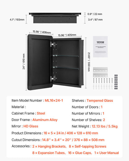 Medicine Cabinet, 16 x 24 inch, Medicine Cabinet for Bathroom with Mirror, Aluminum Frame Bathroom Wall Cabinet, 2-layer Adjustable Shelves, Recessed & Wall-mounted Installation