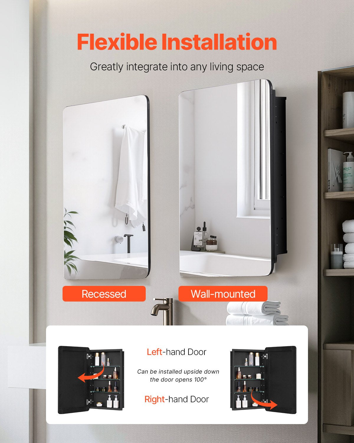 Medicine Cabinet, 16.5 x 27.5 inch, Medicine Cabinet for Bathroom with Mirror, Aluminum Frame Bathroom Wall Cabinet, 3-layer Adjustable Shelves, Recessed & Wall-mounted Installation