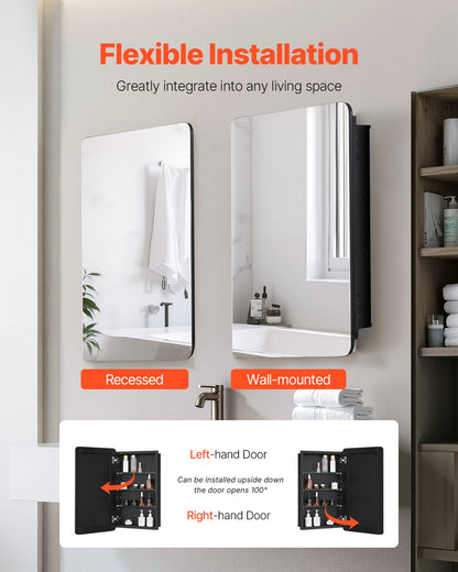 Medicine Cabinet, 16.5 x 27.5 inch, Medicine Cabinet for Bathroom with Mirror, Aluminum Frame Bathroom Wall Cabinet, 3-layer Adjustable Shelves, Recessed & Wall-mounted Installation