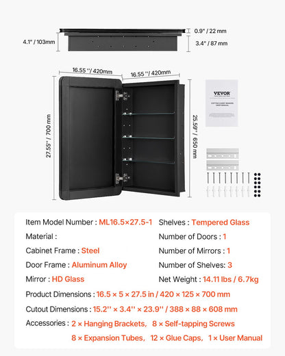 Medicine Cabinet, 16.5 x 27.5 inch, Medicine Cabinet for Bathroom with Mirror, Aluminum Frame Bathroom Wall Cabinet, 3-layer Adjustable Shelves, Recessed & Wall-mounted Installation