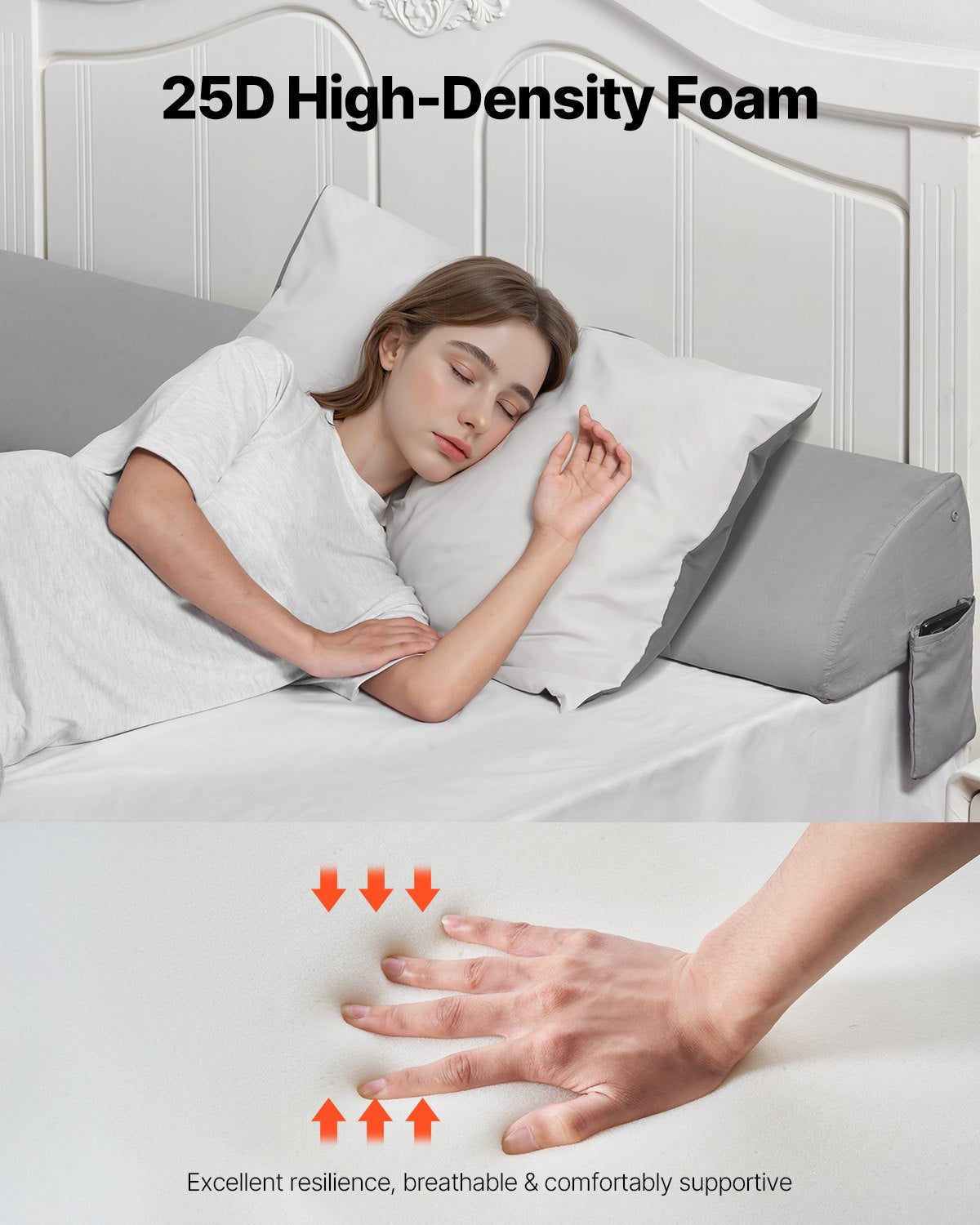 Bed Wedge Pillow for Headboard, 1829 x 255 x 152 mm Bed Gap Filler, Fill 0-178mm Gap Between Headboard and Mattress, 25D Foam Mattress Wedge Headboard Pillow with Side Pocket, for Backrest, Gray