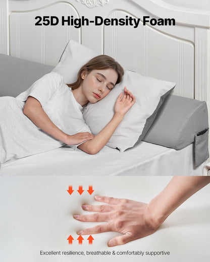 Bed Wedge Pillow for Headboard, 1829 x 255 x 152 mm Bed Gap Filler, Fill 0-178mm Gap Between Headboard and Mattress, 25D Foam Mattress Wedge Headboard Pillow with Side Pocket, for Backrest, Gray