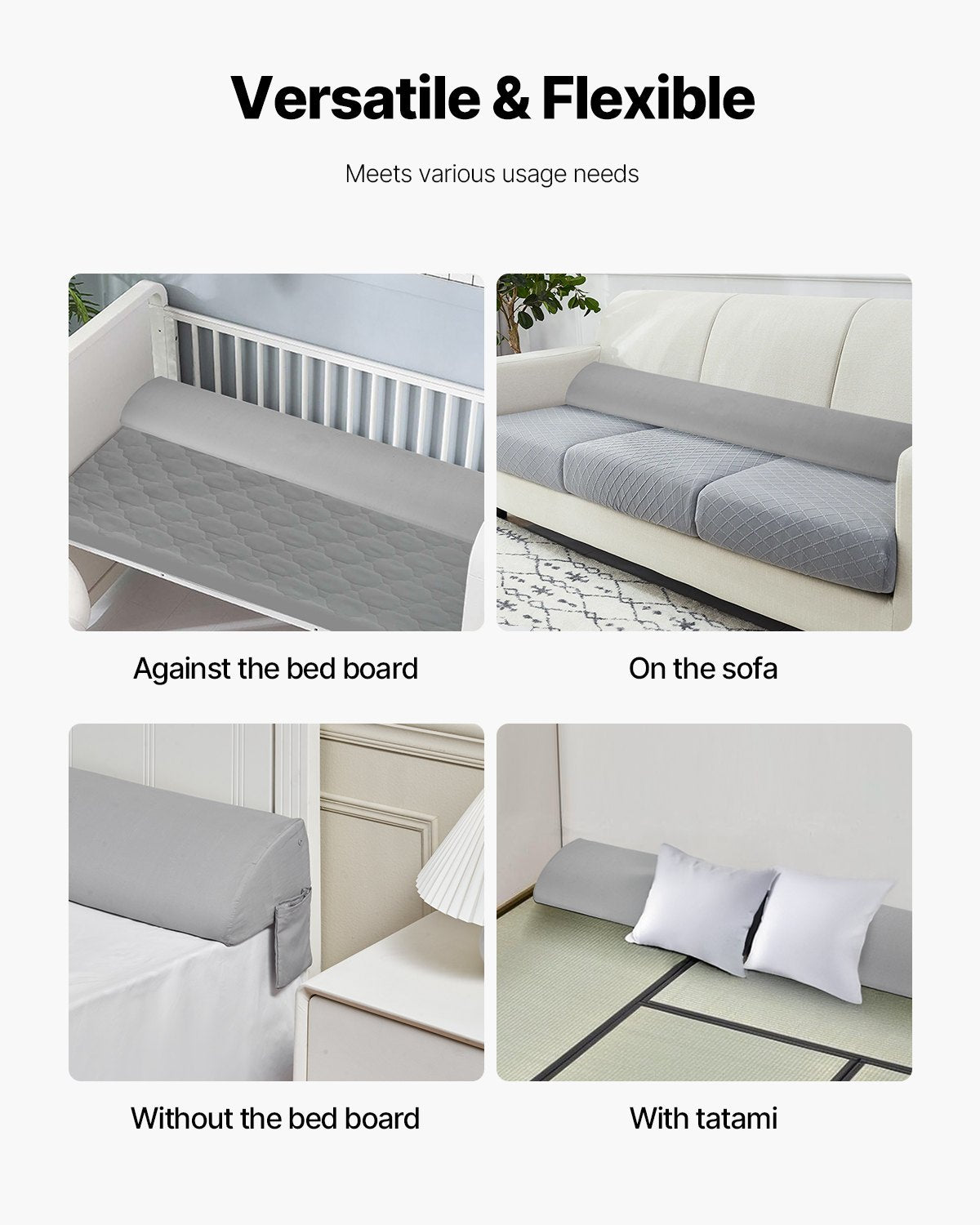 Bed Wedge Pillow for Headboard, 1829 x 255 x 152 mm Bed Gap Filler, Fill 0-178mm Gap Between Headboard and Mattress, 25D Foam Mattress Wedge Headboard Pillow with Side Pocket, for Backrest, Gray