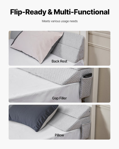 Bed Wedge Pillow for Headboard, 1930 x 255 x 152 mm Bed Gap Filler, Fill 0-178mm Gap Between Headboard and Mattress, 25D Foam Mattress Wedge Headboard Pillow with Side Pocket, for Backrest, Gray