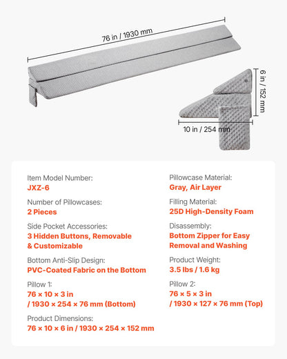 Bed Wedge Pillow for Headboard, 1930 x 255 x 152 mm Bed Gap Filler, Fill 0-178mm Gap Between Headboard and Mattress, 25D Foam Mattress Wedge Headboard Pillow with Side Pocket, for Backrest, Gray