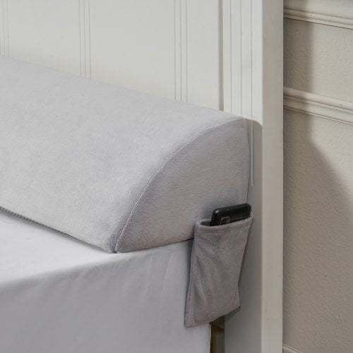 Bed Wedge Pillow for Headboard, 1930 x 255 x 152 mm Bed Gap Filler, Fill 0-178mm Gap Between Headboard and Mattress, Soft Plush Mattress Wedge Headboard Pillow with Side Pocket, for Backrest Gray