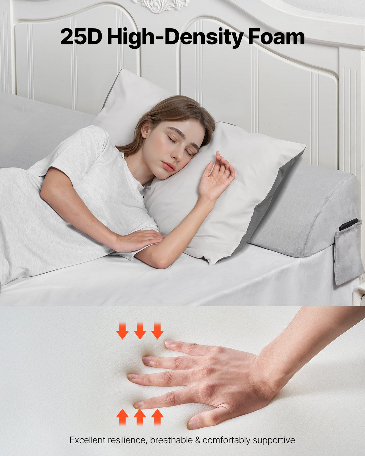 Bed Wedge Pillow for Headboard, 1930 x 255 x 152 mm Bed Gap Filler, Fill 0-178mm Gap Between Headboard and Mattress, Soft Plush Mattress Wedge Headboard Pillow with Side Pocket, for Backrest Gray