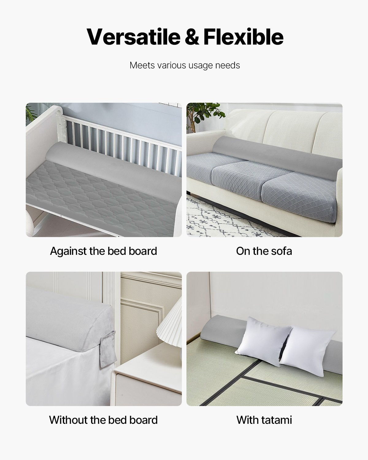 Bed Wedge Pillow for Headboard, 1930 x 255 x 152 mm Bed Gap Filler, Fill 0-178mm Gap Between Headboard and Mattress, Soft Plush Mattress Wedge Headboard Pillow with Side Pocket, for Backrest Gray