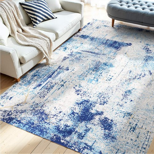 Area Rug, 5 x 7 ft Large Washable Rug, Non-Slip and Tear-Resistant Soft Carpet, Pet & Child Friendly Modern Area Rugs, Indoor Mat for Bedroom, Office, Living Room, Kids Room, Entryway, Blue