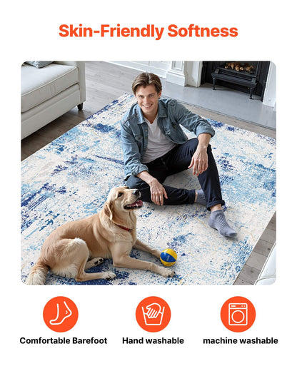 Area Rug, 5 x 7 ft Large Washable Rug, Non-Slip and Tear-Resistant Soft Carpet, Pet & Child Friendly Modern Area Rugs, Indoor Mat for Bedroom, Office, Living Room, Kids Room, Entryway, Blue