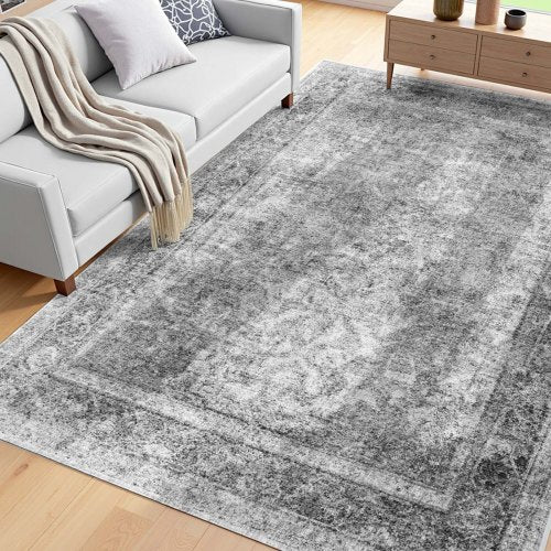 Area Rug, 6 x 9 ft Large Washable Boho Rug, Non-Slip and Tear-Resistant Soft Carpet, Pet & Child Friendly Bohemian Area Rugs, Indoor Mat for Bedroom, Living Room, Kids Room, Entryway, Gray
