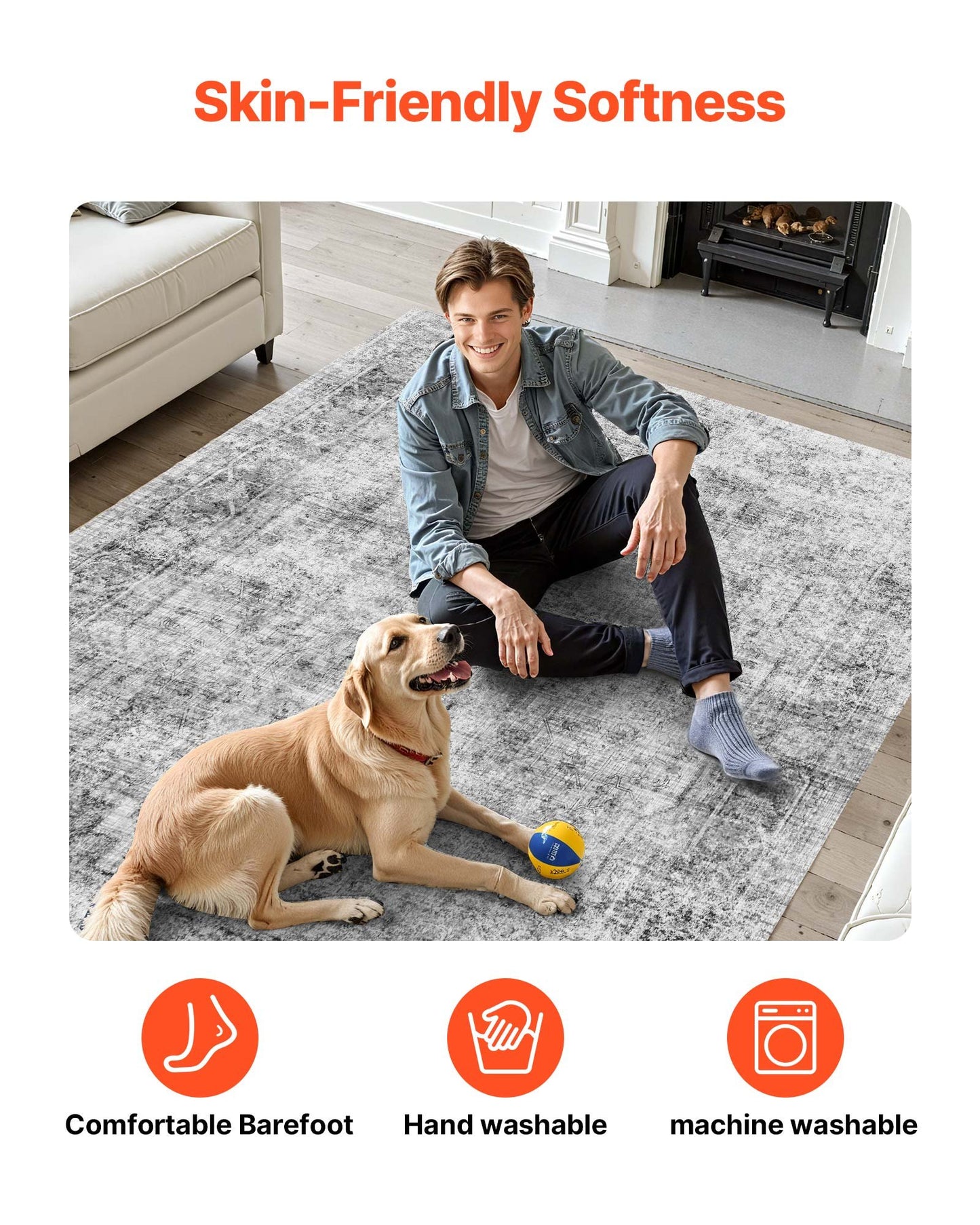 Area Rug, 6 x 9 ft Large Washable Boho Rug, Non-Slip and Tear-Resistant Soft Carpet, Pet & Child Friendly Bohemian Area Rugs, Indoor Mat for Bedroom, Living Room, Kids Room, Entryway, Gray