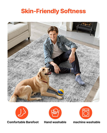 Area Rug, 6 x 9 ft Large Washable Boho Rug, Non-Slip and Tear-Resistant Soft Carpet, Pet & Child Friendly Bohemian Area Rugs, Indoor Mat for Bedroom, Living Room, Kids Room, Entryway, Gray