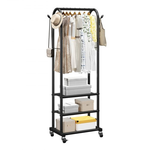 Clothes Rack, Rolling Clothing Garment Rack with Hanging Rod and Side Hooks, 3 Storage Shelves, 45 kg Load Capacity, Heavy Duty Carbon Steel Clothing Racks for Bedroom, Laundry, Living Room