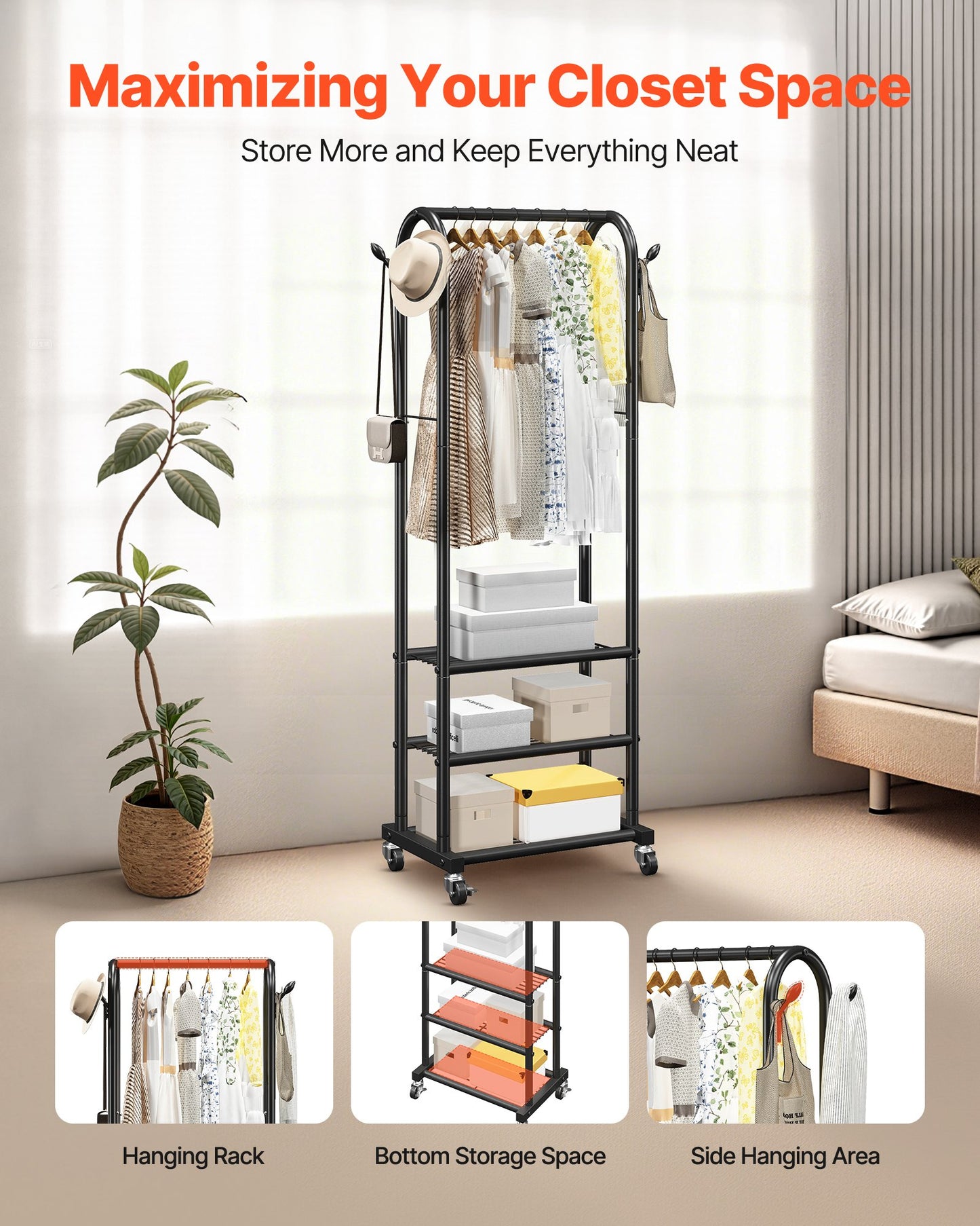 Clothes Rack, Rolling Clothing Garment Rack with Hanging Rod and Side Hooks, 3 Storage Shelves, 45 kg Load Capacity, Heavy Duty Carbon Steel Clothing Racks for Bedroom, Laundry, Living Room