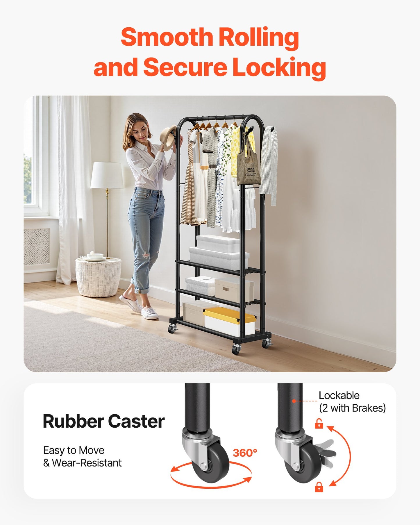 Clothes Rack, Rolling Clothing Garment Rack with Hanging Rod and Side Hooks, 3 Storage Shelves, 45 kg Load Capacity, Heavy Duty Carbon Steel Clothing Racks for Bedroom, Laundry, Living Room