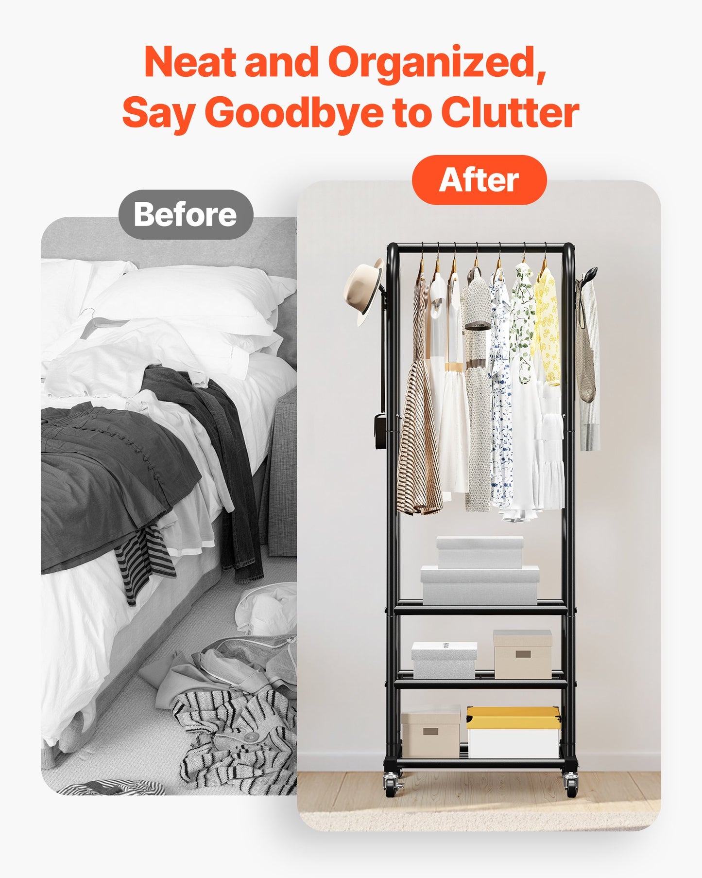 Clothes Rack, Rolling Clothing Garment Rack with Hanging Rod and Side Hooks, 3 Storage Shelves, 45 kg Load Capacity, Heavy Duty Carbon Steel Clothing Racks for Bedroom, Laundry, Living Room